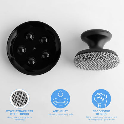 Cast Iron Scrubber Cleaner, Chainmail Scrubber for Cast Iron Pan Skillet, Dish Scouring Pad, Stainless Steel Brush/Scraper for Metal Skillet Scrubbing, Wok, Dutch Oven Cleaning Kit - Thin Mesh