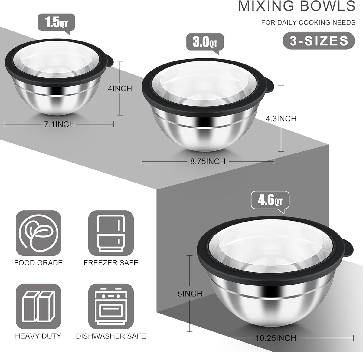 HaWare Mixing Bowls with Airtight Clear Lids, 6-Piece Stainless Steel Strong Nesting Bowls Set, Metal Salad Bowl for Cooking, Prepping, Baking