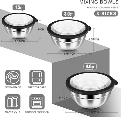 HaWare Mixing Bowls with Airtight Clear Lids, 6-Piece Stainless Steel Strong Nesting Bowls Set, Metal Salad Bowl for Cooking, Prepping, Baking