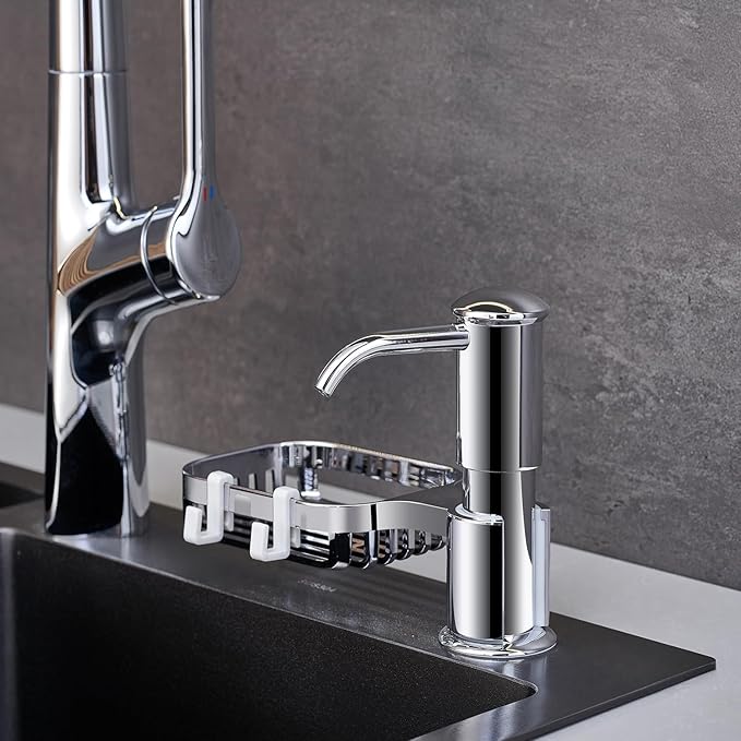 Sink Soap Dispenser with Sponge Holder, Built in Soap Dispensers for Kitchen Sink, Countertop Kitchen Sink Soap Dispenser with 39" Extension Tube Kit ABS Plastic, No More Refills, Chrome