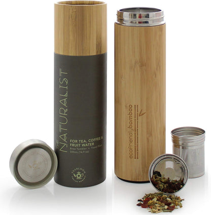 Teabloom All-Beverage Travel Tumbler – Large Capacity 17 oz / 500 ml – Insulated Thermos Mug – Eco-Friendly Bamboo – Hot and Cold Tea Infuser