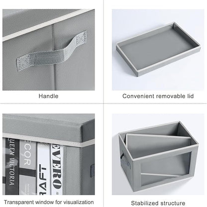 Homsorout Decorative Bins with Lids - Stackable Cube Bins for Closet, 5 Pack Clear Windows Fabric Organizer Bins, Home Organizers and Storage for Clothes, CD, Towels, Grey