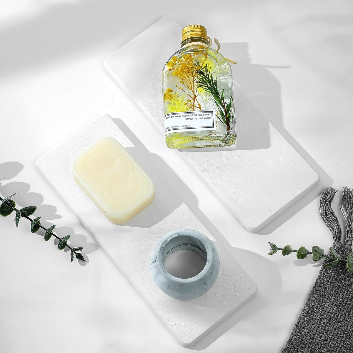 2PCS Bathroom Sink Trays, Water Absorbing Diatomite Stone Quick Drying Mat for Kitchen Counter, Dish Rack Soap Dispenser Sponge Holder Caddy Vanity Organizer, White, 9"x3.5"