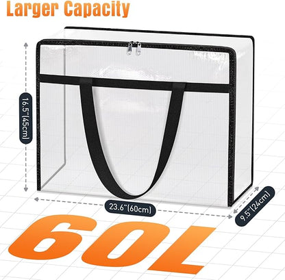 Clear Under Bed Storage Containers - 6 Pack Large Capacity Clothes Storage Bags with Lid & Sturdy Handles, Foldable Moving Bags, Clothing Organizer Totes for Bedding, Comforter, Sheet（60 L）