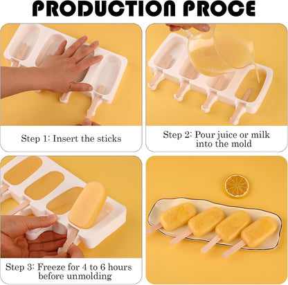 3 Pcs 4 Cavity Mini Popsicle Silicone Molds with 100 Wooden Sticks | Food Grade Silicone, Easy to Use, Oval Homemade Ice Cream Molds for Ice Pop, Cakesicles, Cake Pop