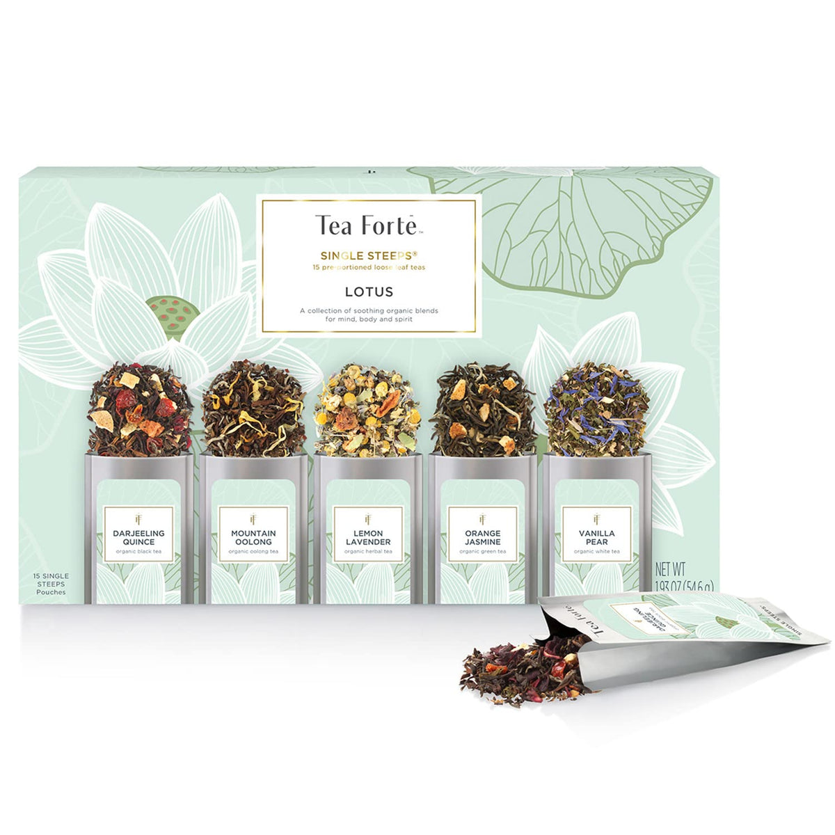 Tea Forte Lotus Single Steeps Loose Leaf Premium Tea Gift Set Sampler, 15 Count 3 of Each Assorted Blends, Pre-Portioned Single Serve Pouches