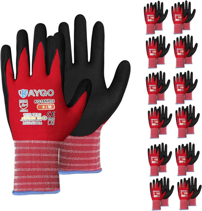 KAYGO Safety Work Gloves MicroFoam Nitrile Coated-12 Pairs, KG18NB,Seamless Knit Nylon Glove with Black Micro-Foam Nitrile Grip,Ideal for General Purpose,Automotive,Home Improvement,medium