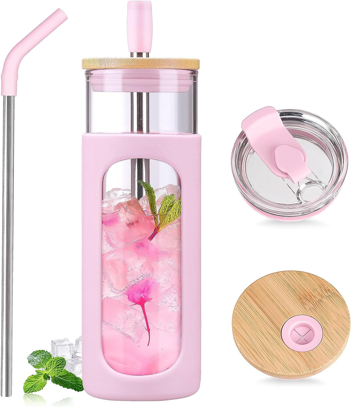 Kodrine 24oz Glass Tumbler with 2 Lids and Straws, Glass Cup With Bamboo Lid and On-the-go Lid, Reusable Iced Coffee Cup, Ideal for Smoothie