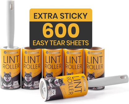 DELOMO Lint Roller 600 Sheets (2 Rollers + 4 Refills) - Lint Rollers for Pet Hair Extra Sticky, Mega Value Pet Hair Removal Tool for Clothes/Couch/Furniture/Car - Keep Your Home Tidy
