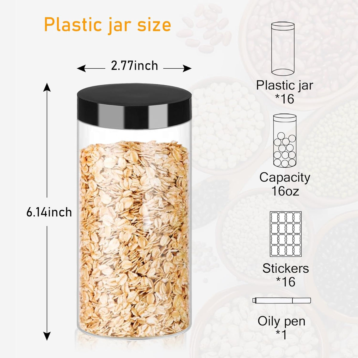 Plastic Jars with Lids 16OZ 16PCS Small Empty Slime Cosmetics Containers Clear Gift Food Jars Round PET Cream Jars with Black Lids Pen Labels for