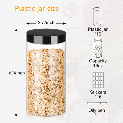 Plastic Jars with Lids 16OZ 16PCS Small Empty Slime Cosmetics Containers Clear Gift Food Jars Round PET Cream Jars with Black Lids Pen Labels for