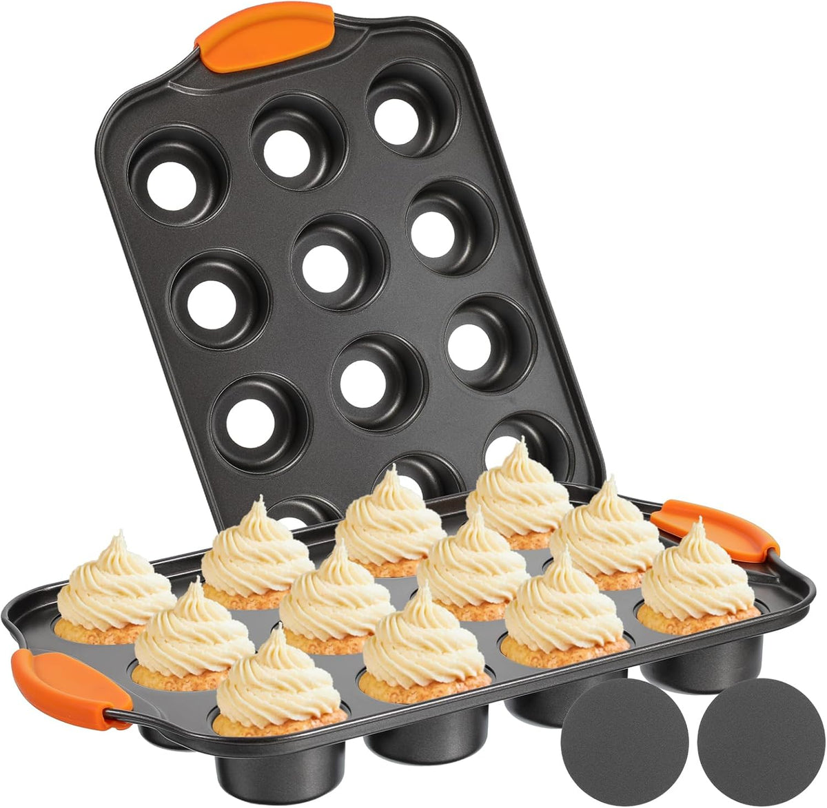 2Pack Mini Cheesecake Pans Removable Bottom Mini Cupcake Pans, 12 Cavity Minii Cheesecake Molds with Silicone Handle Nonslip Muffin Pan Baking