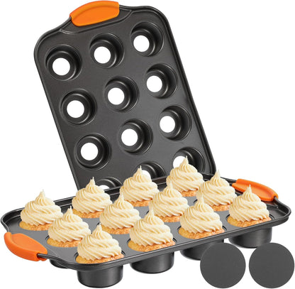 2Pack Mini Cheesecake Pans Removable Bottom Mini Cupcake Pans, 12 Cavity Minii Cheesecake Molds with Silicone Handle Nonslip Muffin Pan Baking