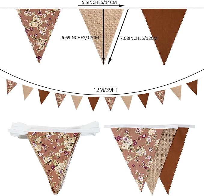 Zwiebeco 39Ft Brown Floral Fabric Pennant Banner Vintage Burlap Triangle Flag Retro Flower Bunting Party Decoration for Birthday Engagement Wedding Bridal Baby Shower Rustic Village Home Garden Decor