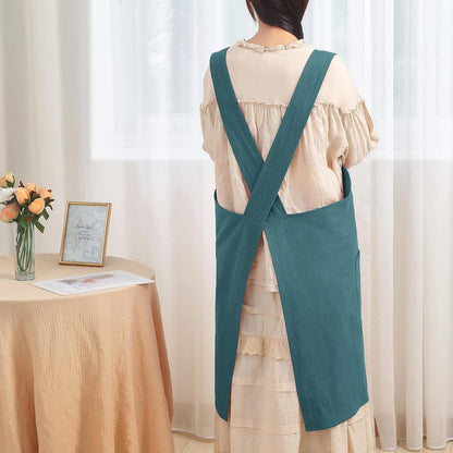 Soft Cotton Linen Apron for Women - Non-tie Cross Back Apron with Pockets, Great for Florist and Kitchen