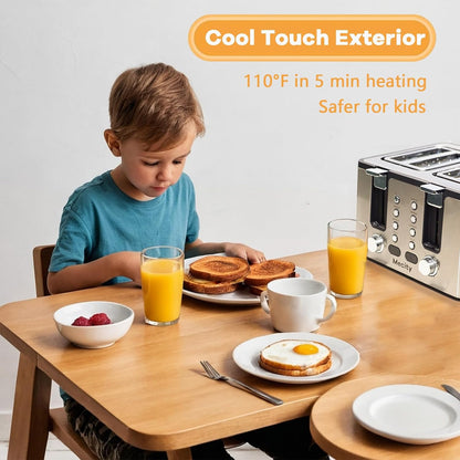 Mecity 4 Slot Stainless Steel Toaster - 4 Slice With Warming Rack, Cool to Touch, Bagel/Defrost/Reheat Functions, Removable Tray, 6 Browning Settings, Extra Wide Slots, 1500W
