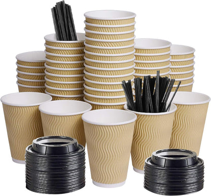 Disposable Paper Coffee Cups with Lids, 100 pack 12 oz Ripple Wall Insulated To Go Coffee Cups for Hot/Cold Beverage