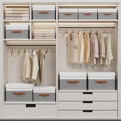 Yawinhe Storage Bins with Lids, Fabric Foldable Boxes, Washable and Leather Handle, Cube Organizer Basket for Home, Closet, White/Grey, 17.7''Lx11.8''Wx11.8''H, 3-Pack, USNK024WGX-3