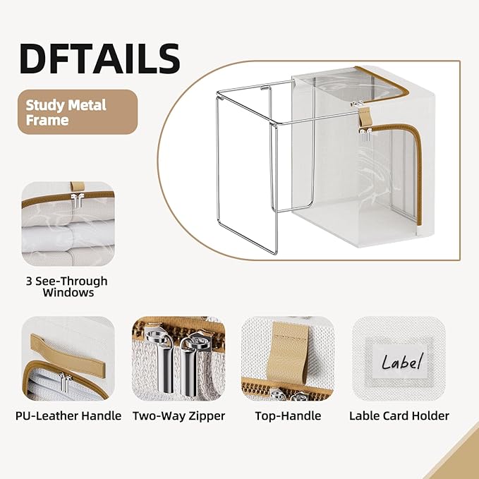 CYhom Clothes Storage Bins with Metal Frame,3 See-Through Windows Openings Clothing Storage Bin,3 Pack Foldable Storage Bins Boxes for Closet (White, 34L-16.5 x 12.6 x 9.8IN)