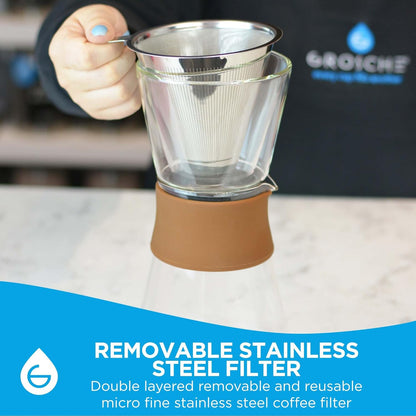 Grosche Amsterdam Glass Pour Over Coffee Maker - Single Cup Manual Dripper Brewer w/Removable Glass Top & Permanent Stainless Steel Filter