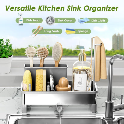 Stainless Steel Sink Caddy, Sponge Holder for Kitchen Sink with Brush Holder & Dishcloth Rack, Rustproof Sink Organizer Countertop, Soap Dispenser Kitchen Organizers Storage Essentials (Gray)