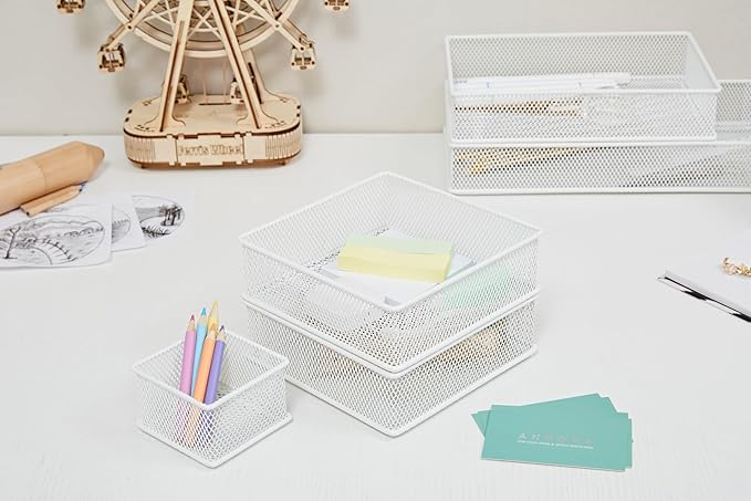 Annova Mesh Stackable Drawer Cabinet and Shelf Organizer Bins Storage Basket School Office Supply Holder Tray- Set of 2 (White, 6x15x2 Inch)