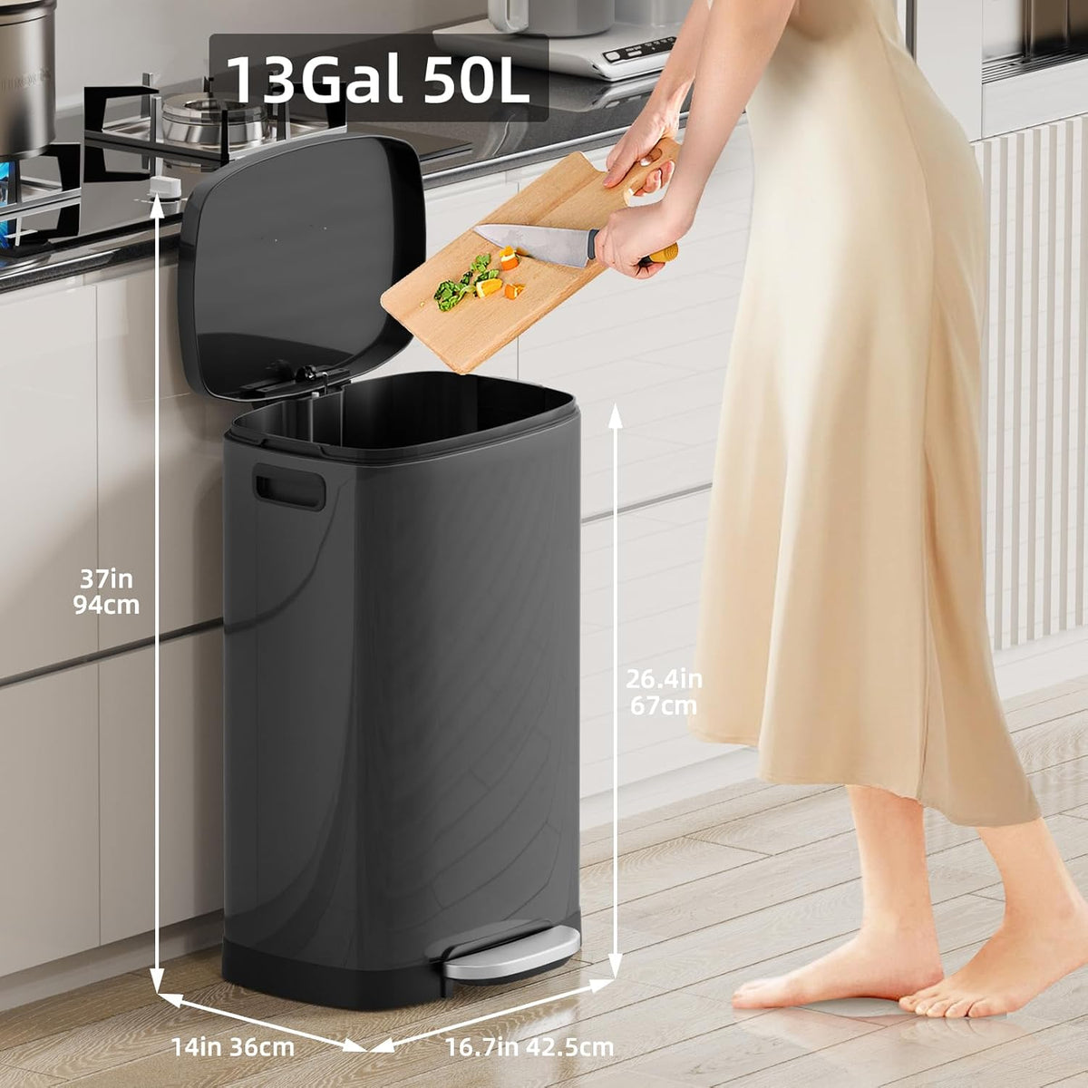 KUK 13 Gallon Kitchen Trash Can with Lid, 50L/13Gal Office Step Garbage Can for Home, Kitchen, Laundry Room, Office, Brushed Stainless Steel, Titanium Black