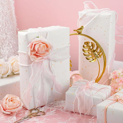 MAYPLUSS White Wrapping Paper Roll - 17Inch x 16.5Feet - Elegant Ivory Gold Foil Design Shiny Flakes Silky Touch Thick Matte Gift Wrap Paper for Birthday, Holiday, Wedding, Baby Shower