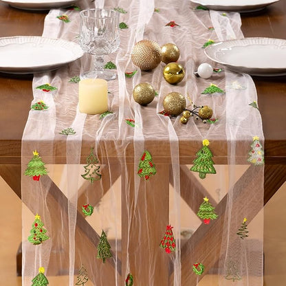 Socomi Christmas Table Runner Tulle Gauze Cheesecloth Embroidery Sheer Table Runners for Winter Wedding Party Baby Shower Birthday Holiday Picnic Home Decor