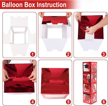Graduation Decorations 2026,4 Pcs Transparent Balloon Boxes with Letters of GRAD,PROUD OF YOU,Class of 2026 130pcs Red and Black Balloon Arch Kit for High School College 2026 Grad Party Supplies