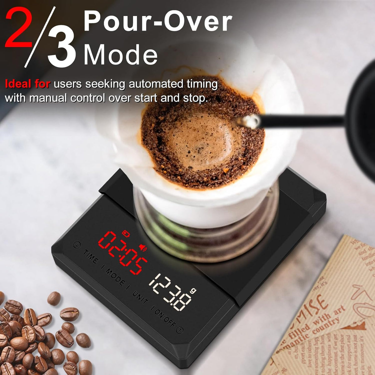 Fuzion Mini Coffee Scale with Timer - Espresso Scale Rechargeable 2kg x 0.1g Accuracy, 3-Mode Timer, LED Display, Digital Coffee Scale for Pour-Over