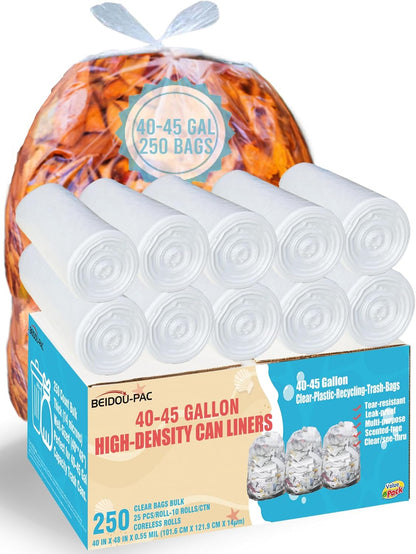 40-45 Gallon Trash Bags, 250 Count Bulk, Heavy Duty Clear Plastic Recycling Garbage Bags, Multi-purpose Can Liners for Business Home Commercial, Industrial Contractors, Storage, Outdoor
