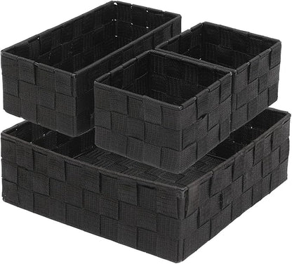 Woven Storage Baskets Set of 4, Stackable Fabric Storage Bins with Metal Frame for Closet, Shelf, Drawer, Nursery, and Office Organization – Polypropylene Organizer Boxes, Black
