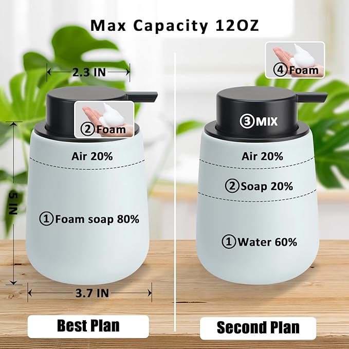 Soap Foaming Dispenser Ceramic with Easy-to-Press Pump Hand Foam Dispenser for Shampoo Bathroom Kitchen 12 oz
