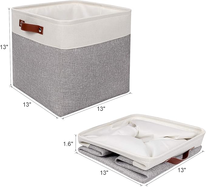Univivi 13x13x13 Cube Storage Bins with Hard Bottom,4 Pack Storage Baskets with PU Handles Foldable Fabric Storage Bins for Clothes Organizing,Shelf,Gray