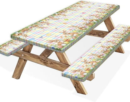 Easter Picnic Table Cover with Bench Covers, Camping Essentials, Easter Buffalo Plaid Bunny Eggs Flowers Outdoor Table Covers, Waterproof, Fitted Tablecloth Cover with Elastic Edge, 3 PCS, 30x72 Inch