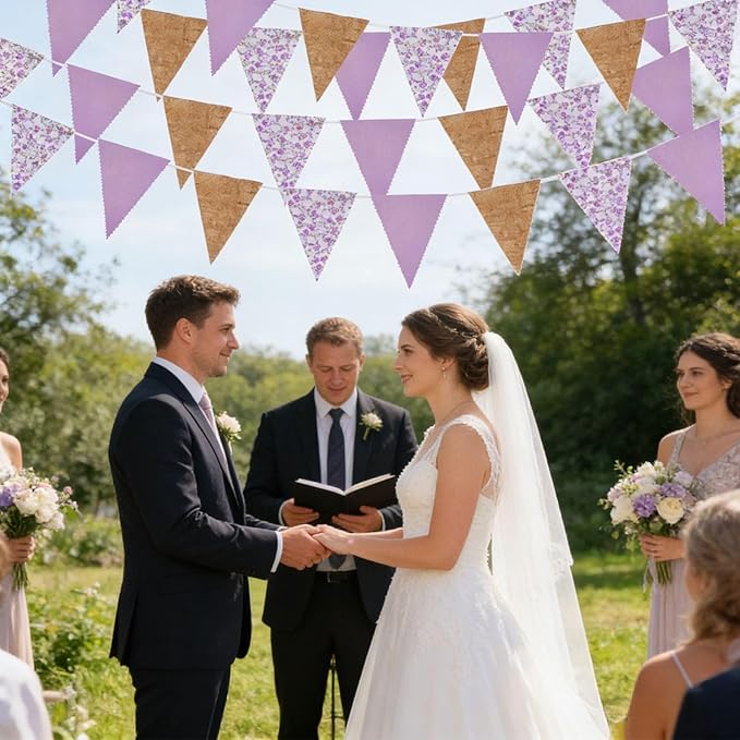 Zwiebeco 39Ft Purple Floral Fabric Pennant Banner Vintage Burlap Triangle Flag Retro Flower Bunting Party Decoration for Birthday Engagement Wedding Bridal Baby Shower Rustic Village Home Garden Decor