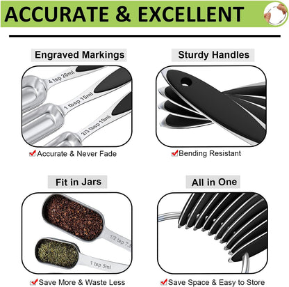 Measuring Cups and Spoons - Wildone Stainless Steel 20 Piece Stackable Set, Includes 8 Black Measuring Cups, 10 Measuring Spoons, 1 Leveler & 1 Whisk