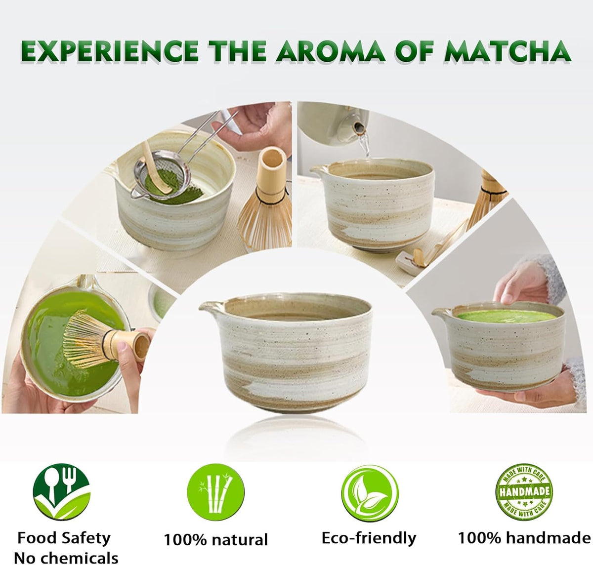 Matcha Whisk Set, Matcha Set, 6 Pieces, with Bamboo Whisk, Ceramic Bowl & Sifter Complete Matcha kit Tea Includes Scoop & Spout Bowl