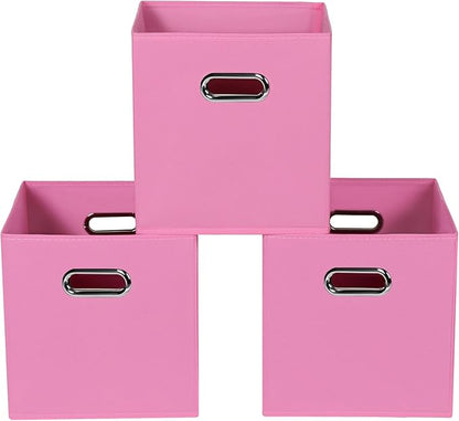 Fabric storage bins Cubes, Fabric Cube Organizer with Handle, Foldable Cube Bins for Cloth or Accessary Storage, 11x11x11, Set of 3, (Pink)