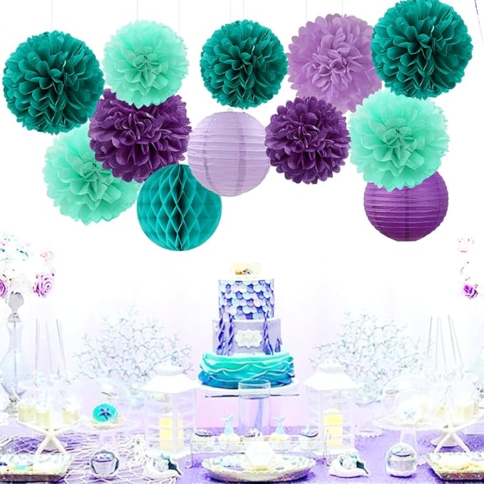 Teal-Purple Party-Decorations Paper Flowers Lanterns - 15PCS Lavender Girl Mermaid-Birthday Tissue Pom Poms Streamers,Baby Bridal Shower Wedding Classroom Hanging Supplies Decor Hugfond