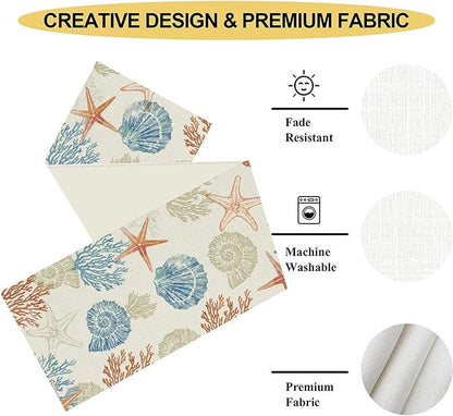 Coastal Table Runner, Rustic Farmhouse Nautical Starfish Seashells Coral Tropical Ocean Beach Blue Summer Coffee Table Center Decor for Home Kitchen Dining Indoor Outdoor Table Decorations, 13"x108"