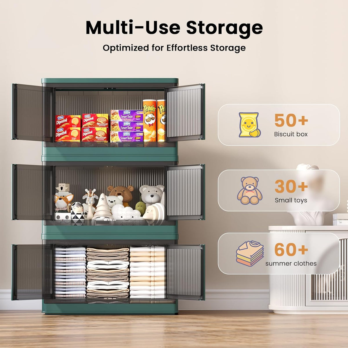 19Gal Collapsible Storage Bins with Lids & Wheels - 3 Pack Stackable with Doors, Heavy-Duty Plastic Containers for Home/Office, Green
