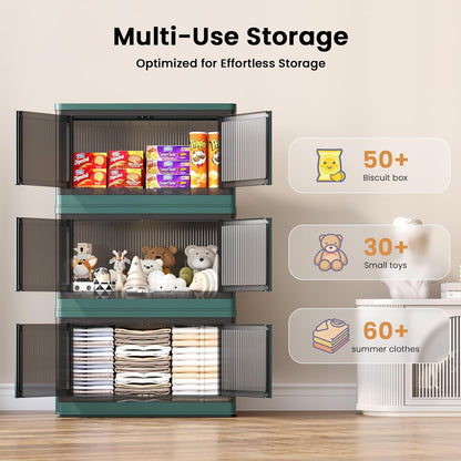 19Gal Collapsible Storage Bins with Lids & Wheels - 3 Pack Stackable with Doors, Heavy-Duty Plastic Containers for Home/Office, Green