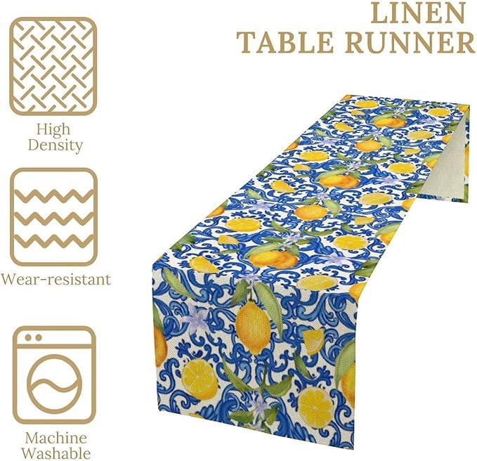 Rustic Lemon Table Runner,Vintage Morocco Blue Mediterranean Spring Summer Fruit Print Table Runner for Farmhouse Kitchen Dining Table Home Party Decor 13x90in
