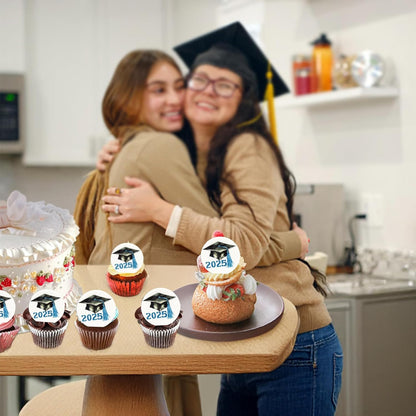 Gyufise 48Pcs Edible 2025 Graduation Cap Cupcake Toppers Wafer Paper Class of 2025 Grad Cap Cupcake Picks for 2025 Graduation Theme Party Cake