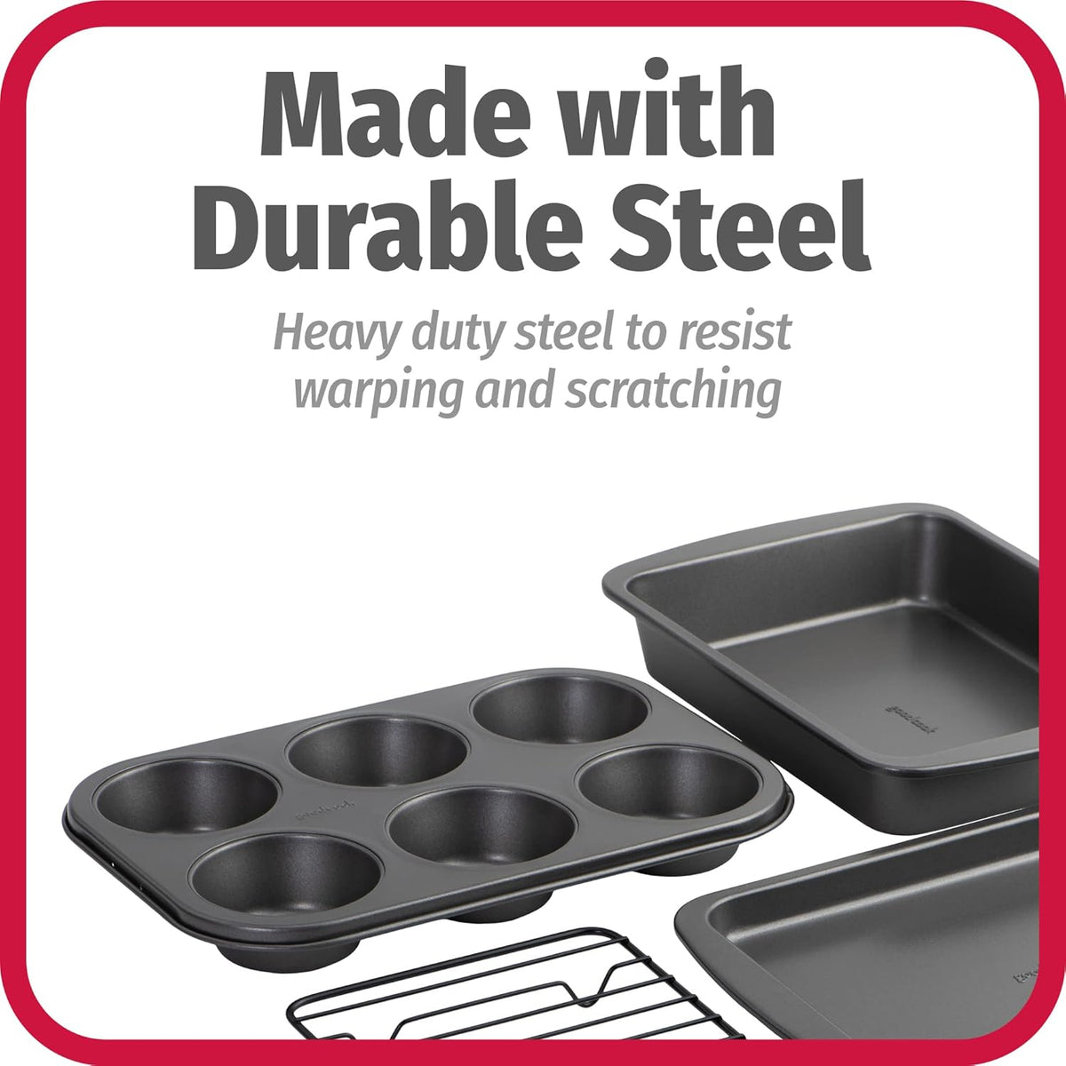 GoodCook 4-Piece Nonstick Steel Toaster Oven Set with Sheet Pan, Rack, Cake Pan, and Muffin Pan, Gray, 4-Piece Set Distributes Heat Evenly
