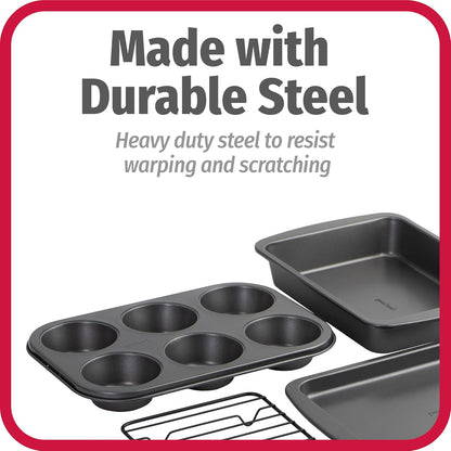 GoodCook 4-Piece Nonstick Steel Toaster Oven Set with Sheet Pan, Rack, Cake Pan, and Muffin Pan, Gray, 4-Piece Set Distributes Heat Evenly
