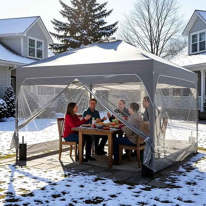 10x10 FT Pop Up Canopy with 4 Clear PVC Sidewalls, Instant 1-Button Push Canopy Tent for Outdoor Activities & Events
