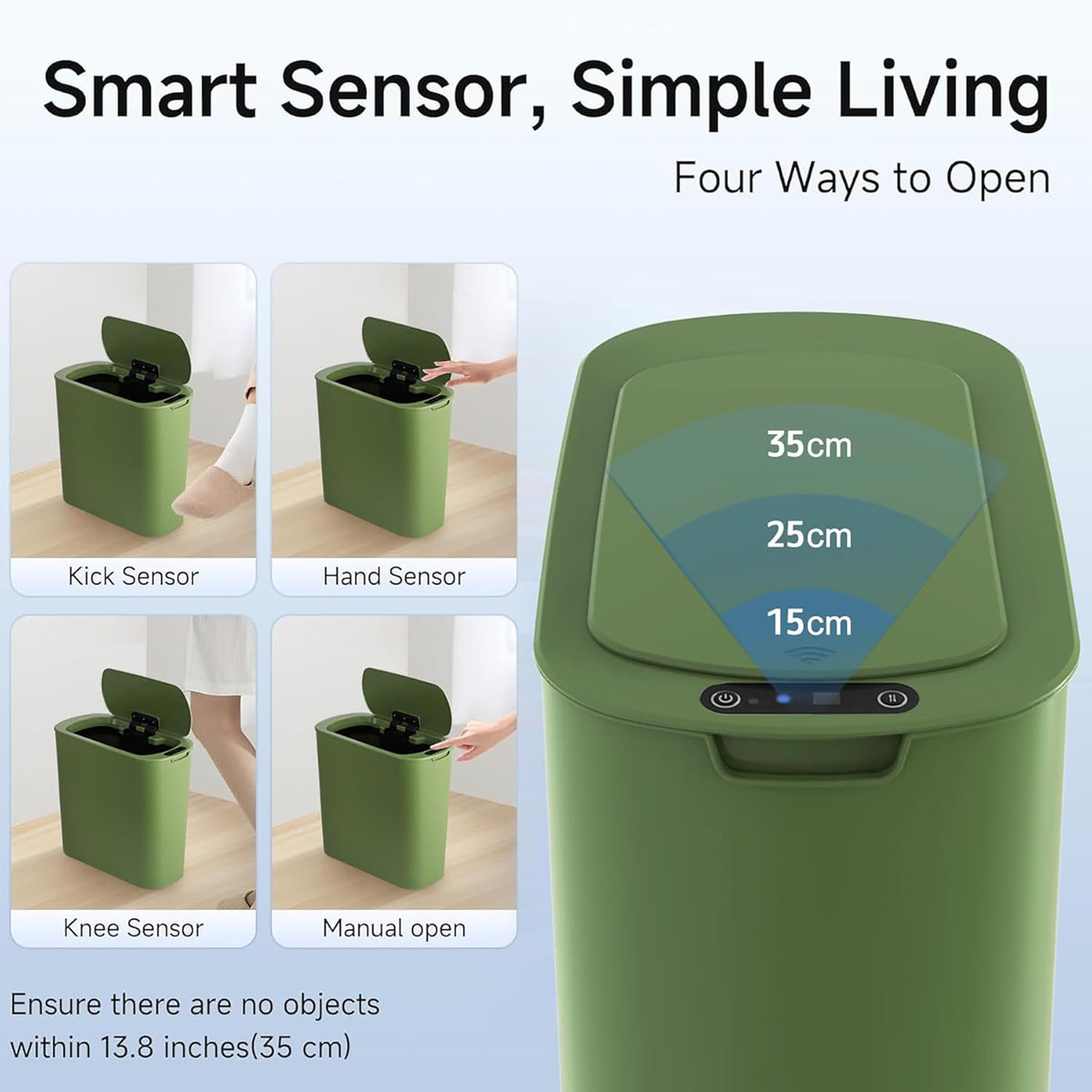 Automatic Motion Sensor Bathroom Trash Can with Lid, 2.6 Gallon Touchless Trash Bin, Smart Garbage Can Plastic Slim Wastebasket for Bedroom, Office, Dorm (Green)